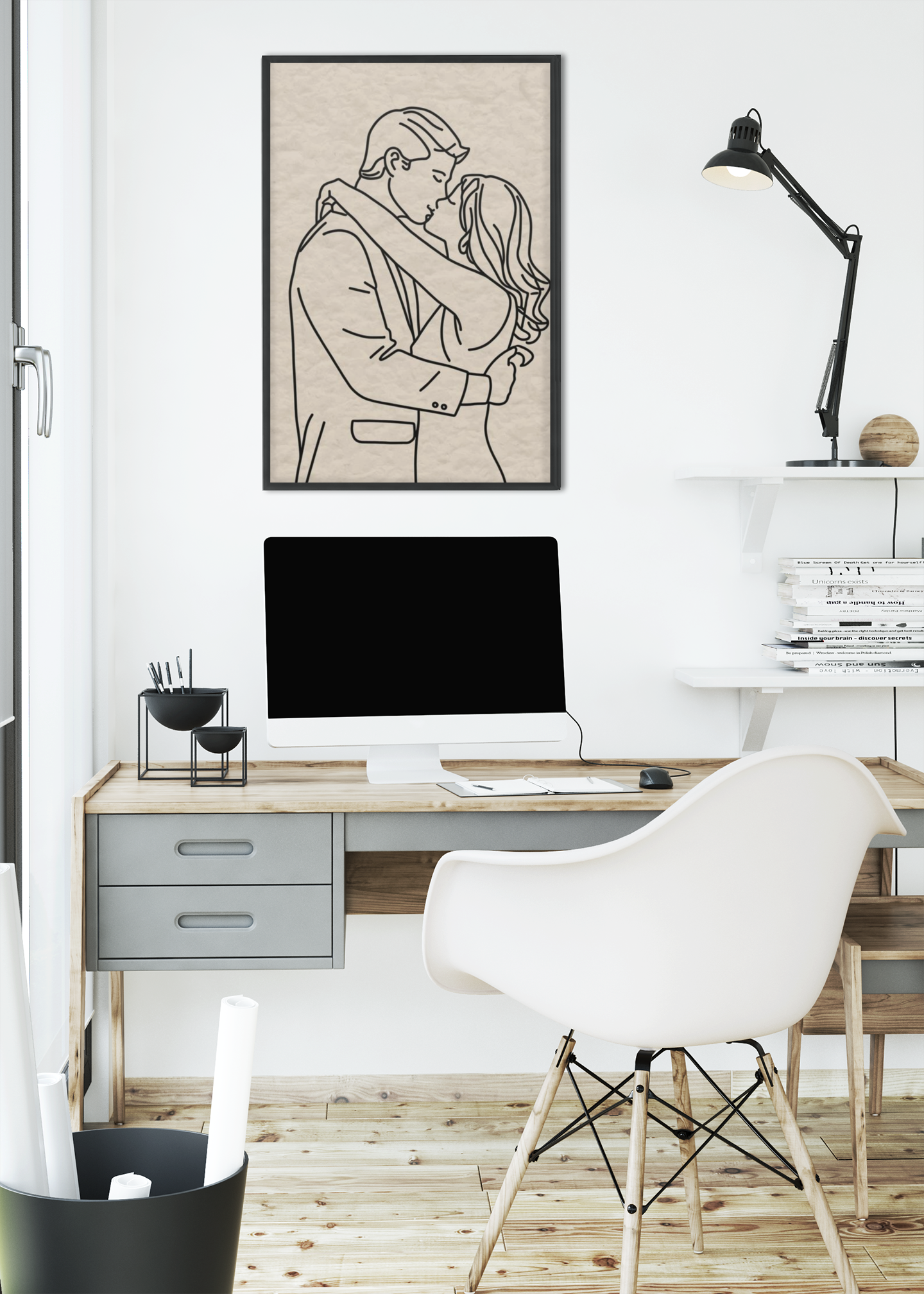 The Embrace No. 01 – Romantic Minimalist Line Art Print, framed