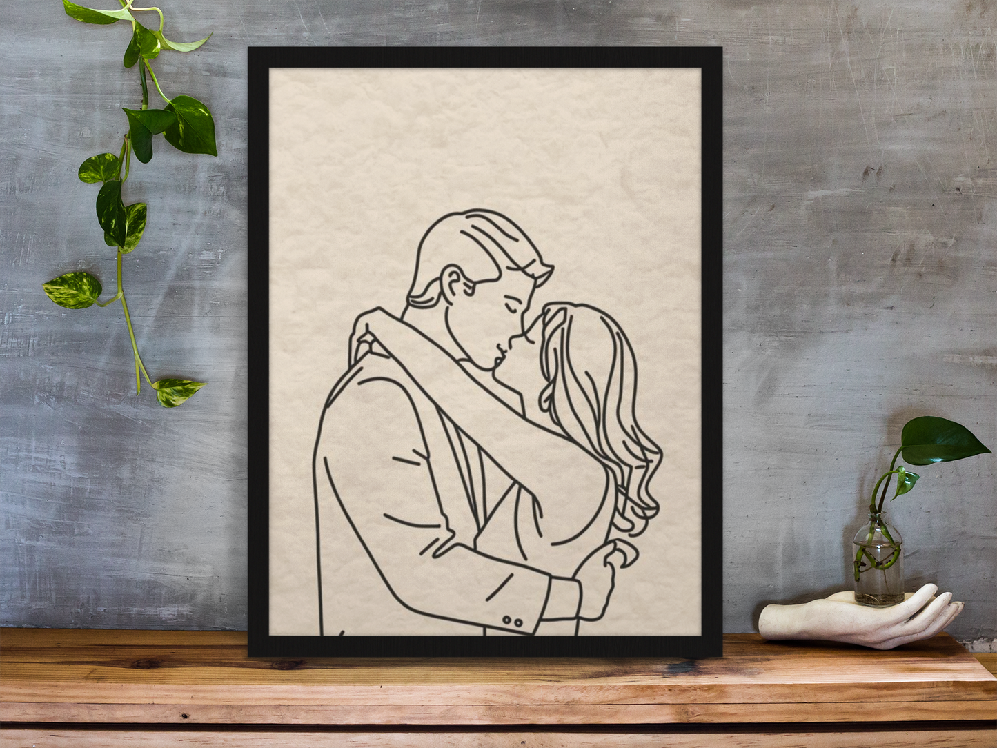 The Embrace No. 01 – Romantic Minimalist Line Art Print, framed